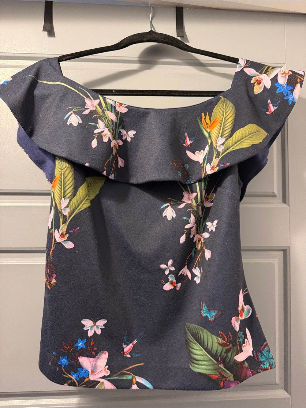 Ted Baker London Navy Floral Ruffle Neck Blouse